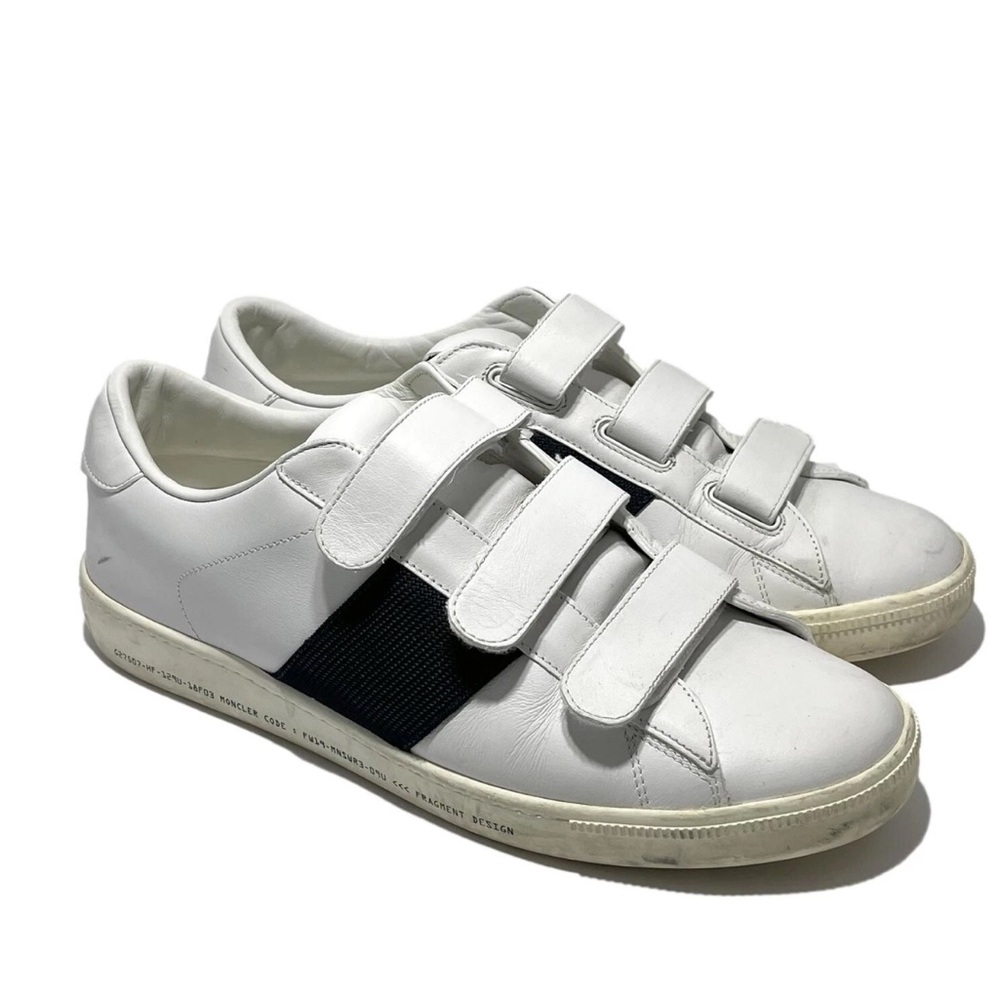 Moncler White Leather Velcro Strap Sneakers with Black Panel